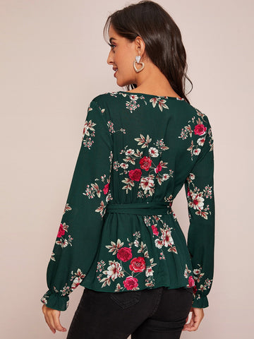Floral Print Belted Peplum Top