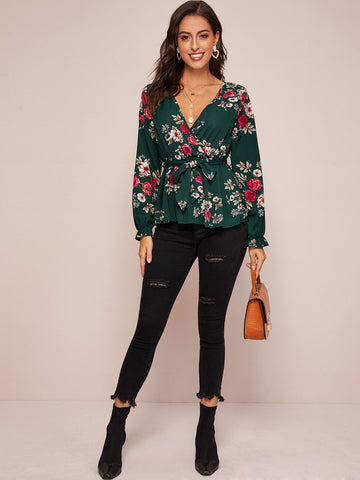 Floral Print Belted Peplum Top