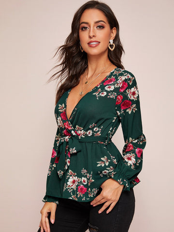 Floral Print Belted Peplum Top