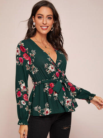 Floral Print Belted Peplum Top