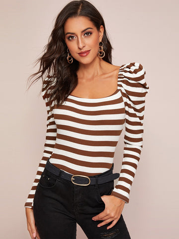 Gigot Sleeve Rib-knit Striped Slim Tee