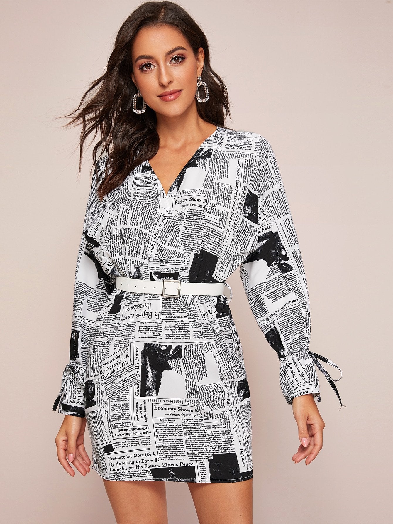 Batwing Sleeve Buckle Belted Newspaper Print Dress