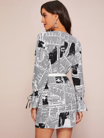 Batwing Sleeve Buckle Belted Newspaper Print Dress