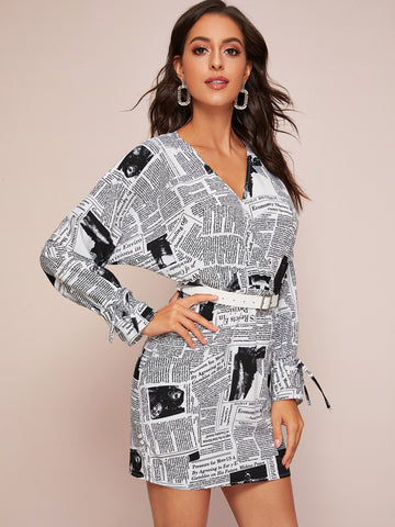 Batwing Sleeve Buckle Belted Newspaper Print Dress