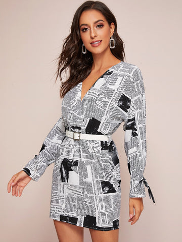 Batwing Sleeve Buckle Belted Newspaper Print Dress