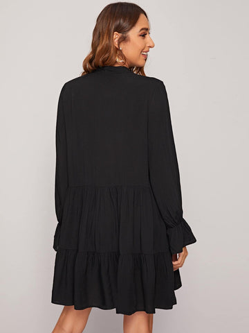 Solid Tassel Tie Neck Babydoll Dress