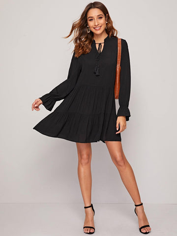 Solid Tassel Tie Neck Babydoll Dress