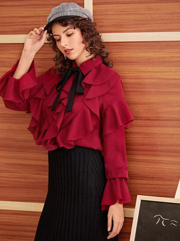 Tie Neck Ruffle Trim Flounce Sleeve Blouse