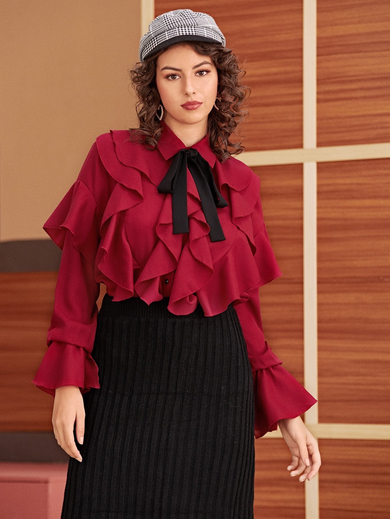 Tie Neck Ruffle Trim Flounce Sleeve Blouse