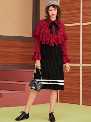 Tie Neck Ruffle Trim Flounce Sleeve Blouse