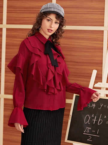 Tie Neck Ruffle Trim Flounce Sleeve Blouse