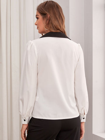 Contrast Collar Button Through Blouse