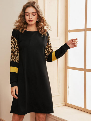 Contrast Leopard Panel Sweatshirt Dress