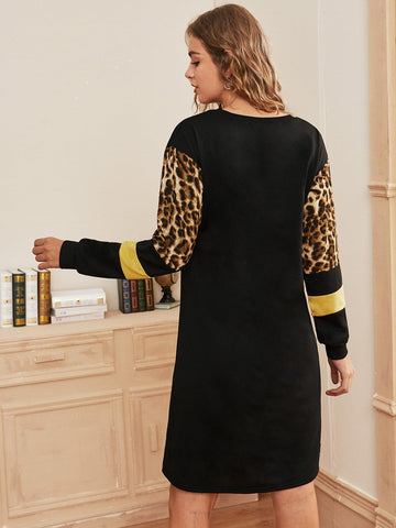 Contrast Leopard Panel Sweatshirt Dress