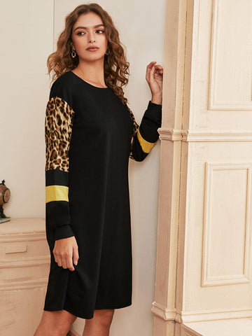 Contrast Leopard Panel Sweatshirt Dress