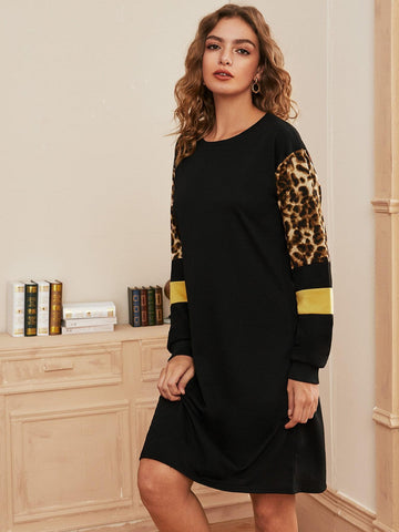 Contrast Leopard Panel Sweatshirt Dress