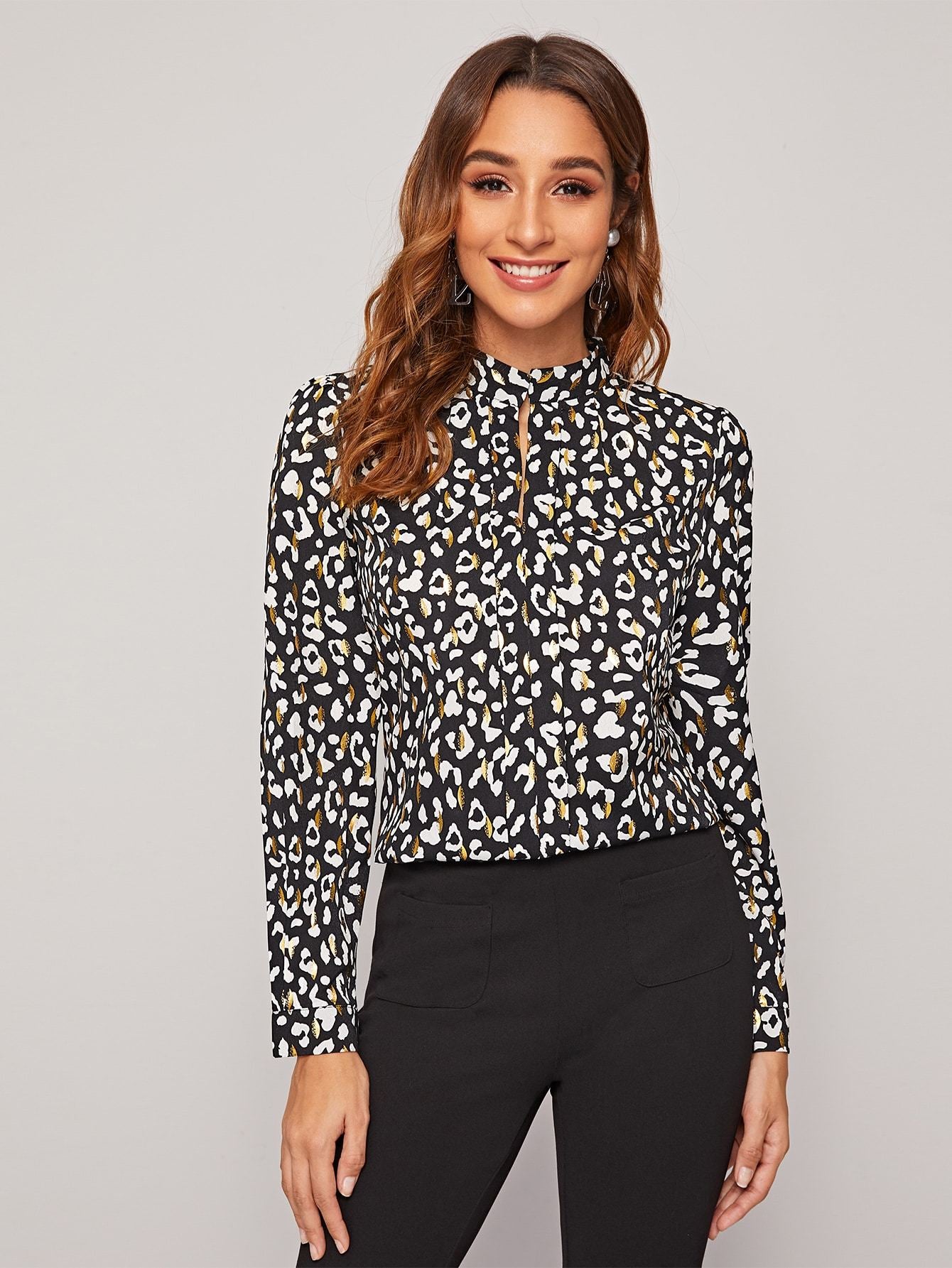 Allover Print Keyhole Neckline Blouse