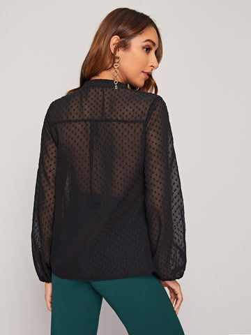 Swiss Dot Tie Front Ruffle Trim Blouse