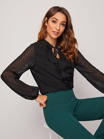 Swiss Dot Tie Front Ruffle Trim Blouse