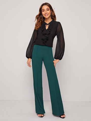 Swiss Dot Tie Front Ruffle Trim Blouse