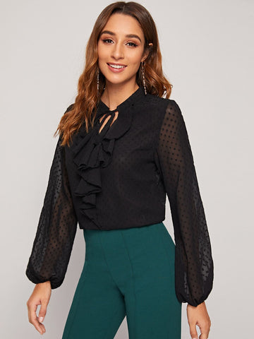 Swiss Dot Tie Front Ruffle Trim Blouse
