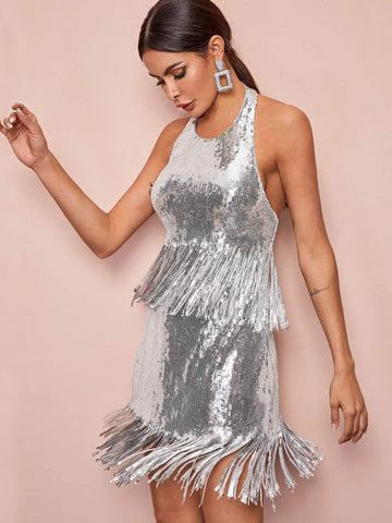 Sequins Overlay Fringe Hem Halter Dress