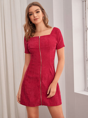 Zip Through Corduroy Fitted Dress