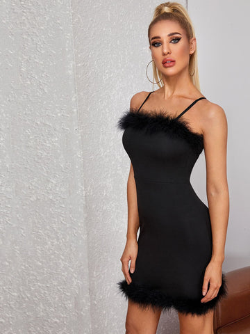 Faux Fur Trim Zip Back Bodycon Dress