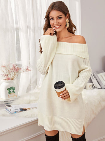 Off Shoulder Bishop Sleeve Split Hem Jumper Dress