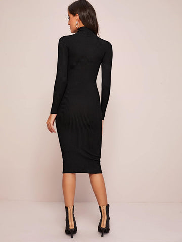 Buttoned Funnel Neck Slim Fitted Jumper Dress