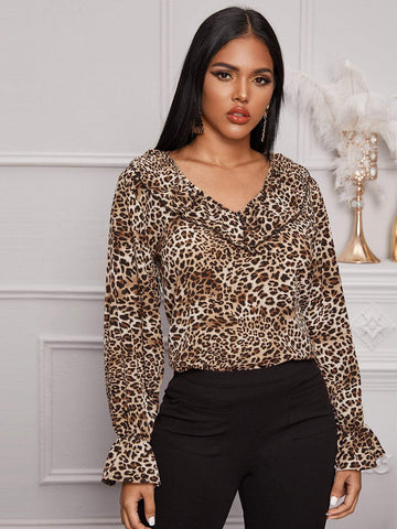 Leopard Print Ruffle Trim Blouse