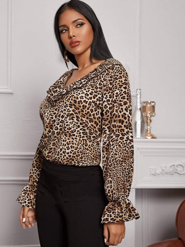 Leopard Print Ruffle Trim Blouse