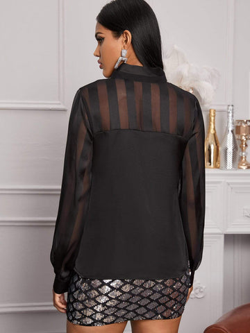 Sheer Panel Tie Neck Satin Blouse