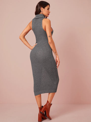 Turtle Neck Ribbed Knit Jumper Dress