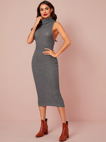 Turtle Neck Ribbed Knit Jumper Dress