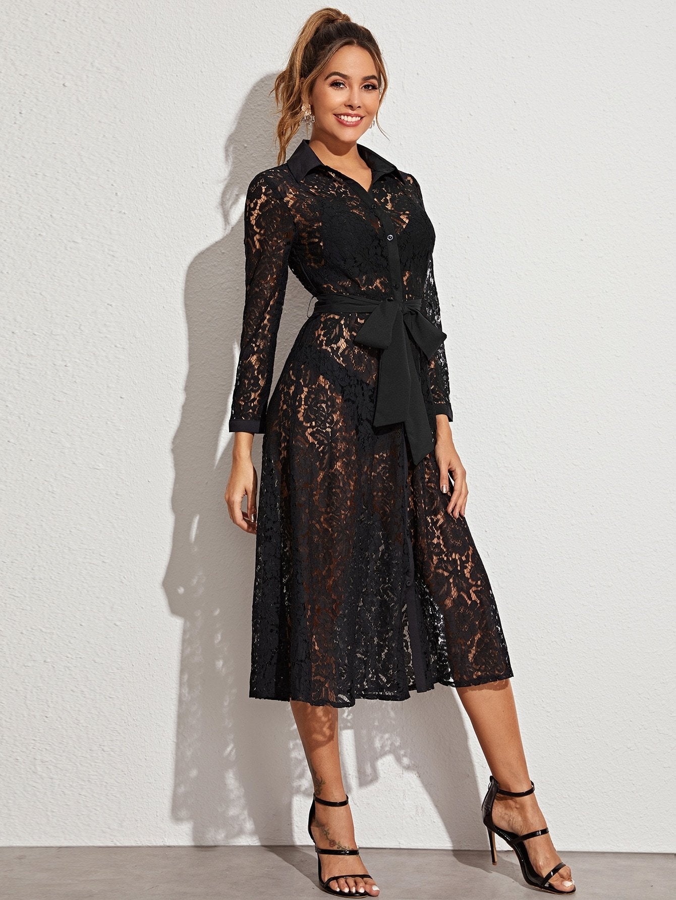 Button Front Belted Lace Sheer Dress