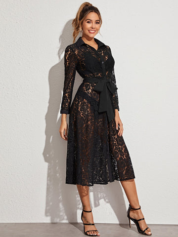 Button Front Belted Lace Sheer Dress