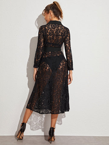 Button Front Belted Lace Sheer Dress