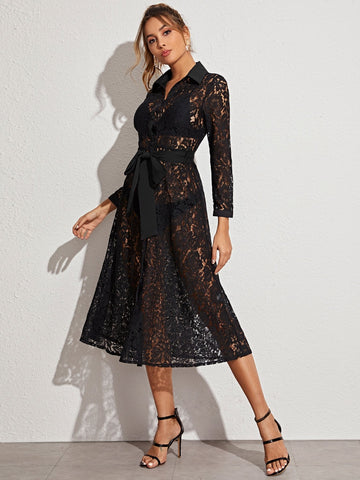 Button Front Belted Lace Sheer Dress