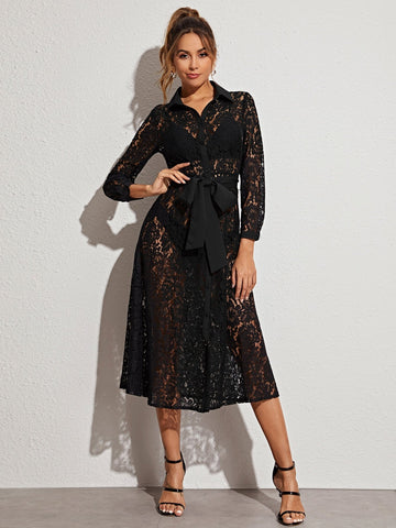 Button Front Belted Lace Sheer Dress