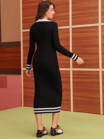 Ribbed Knit Striped Jumper Dress