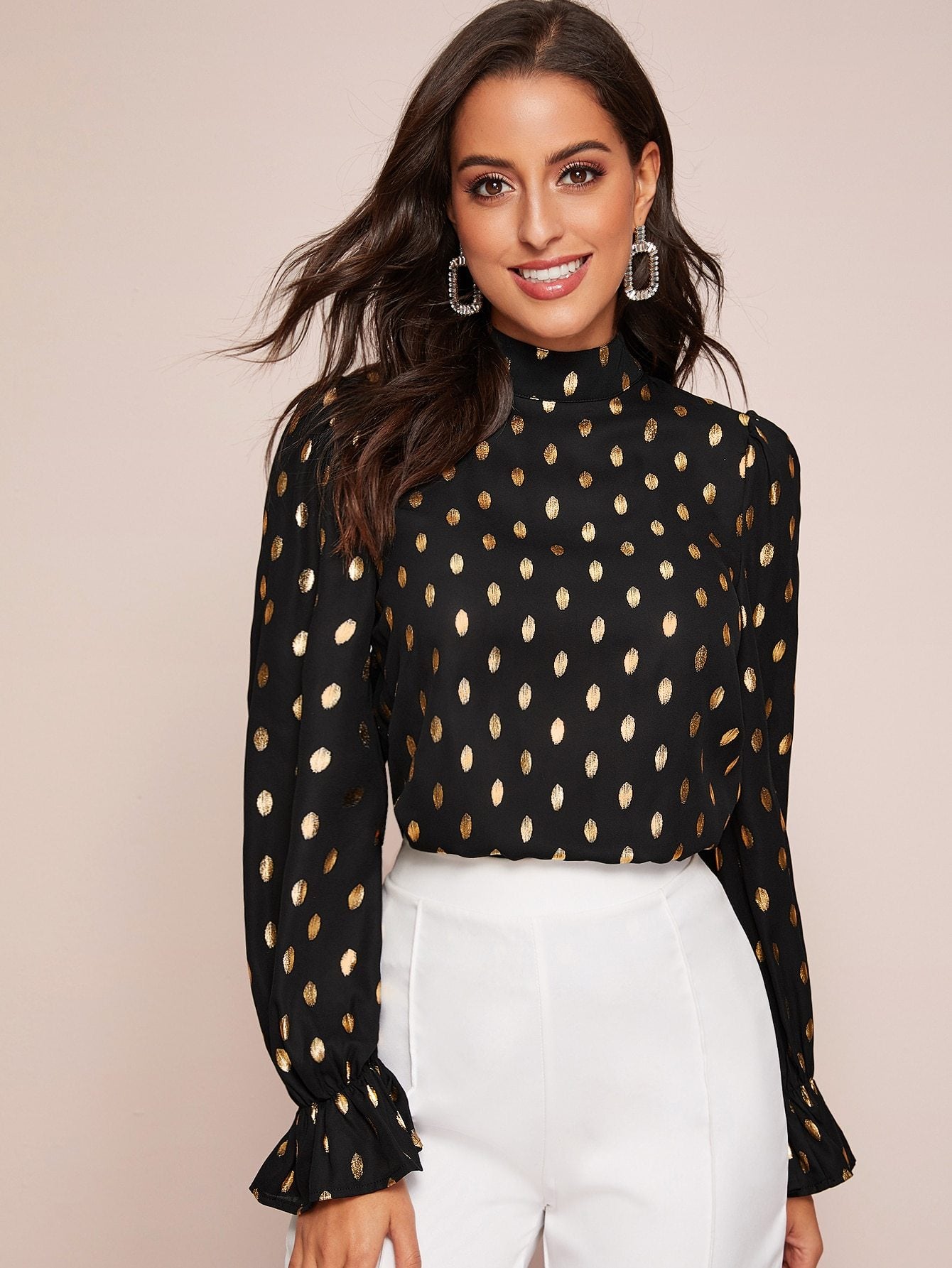 Mock Neck Flounce Sleeve All Over Gold Print Blouse