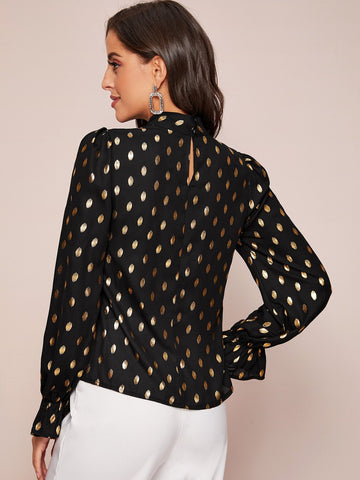 Mock Neck Flounce Sleeve All Over Gold Print Blouse
