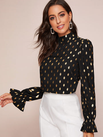 Mock Neck Flounce Sleeve All Over Gold Print Blouse