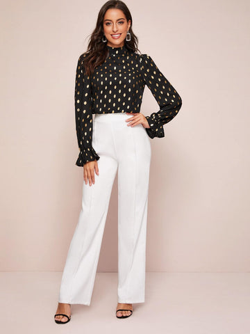 Mock Neck Flounce Sleeve All Over Gold Print Blouse