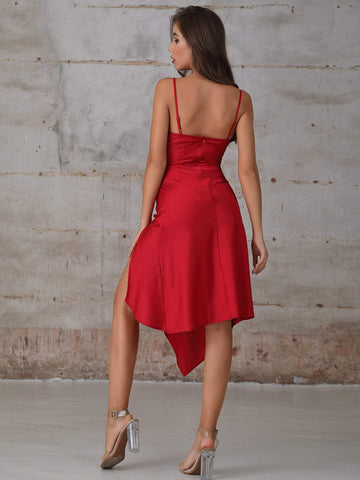 Double Crazy Split Thigh Asymmetrical Hem Satin Cami Dress