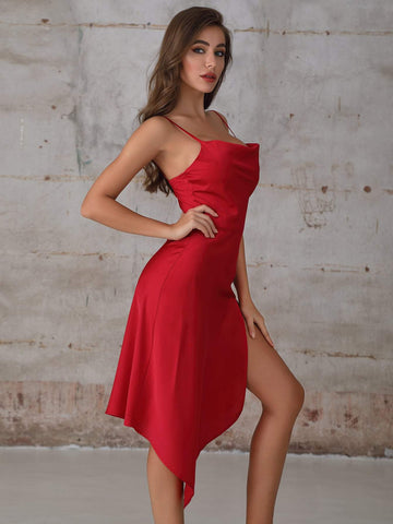 Double Crazy Split Thigh Asymmetrical Hem Satin Cami Dress