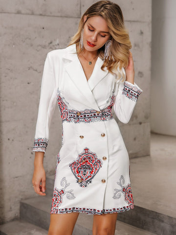 Glamaker Lapel Collar Double Breasted Tribal Print Blazer Dress