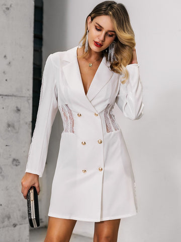 Glamaker Notch Collar Double Breasted Lace Insert Blazer Dress