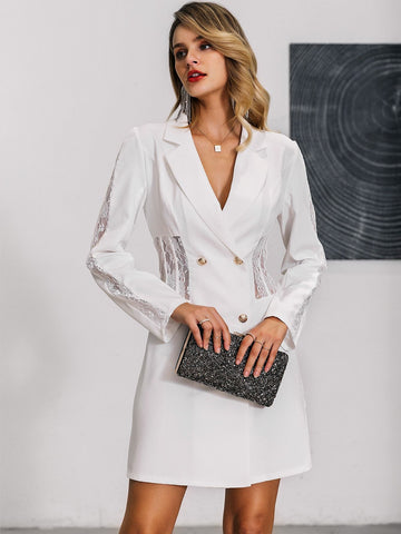 Glamaker Notch Collar Double Breasted Lace Insert Blazer Dress